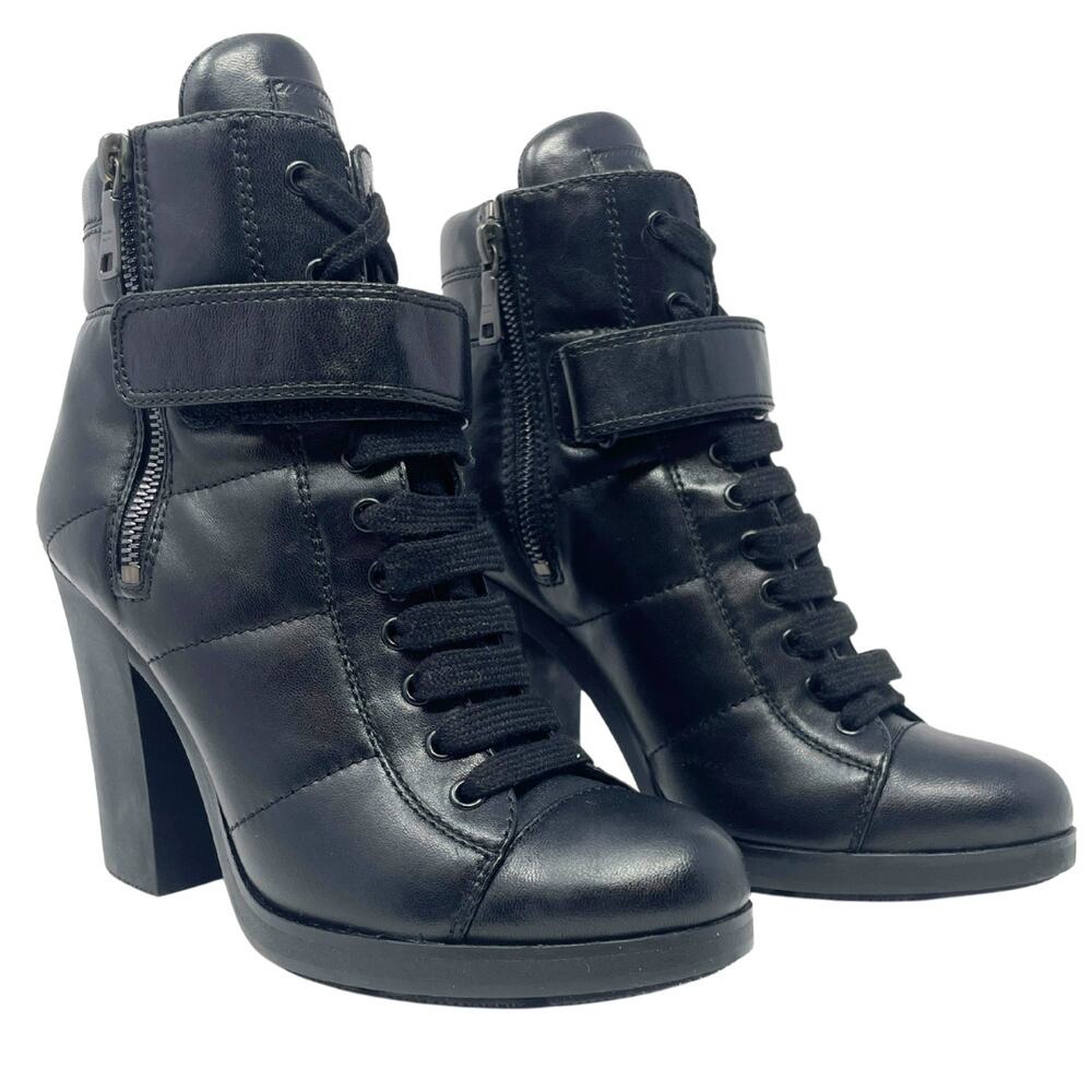 Prada Boots Moto Combat LOGO Ankle Lug Sole Platform Heels‎ Black Shoes 38.5 - Picture 3 of 11